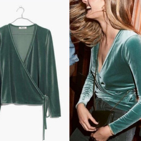 MADEWELL | Green Velvet Ballet Wrap Long Sleeve Top - Picture 1 of 4